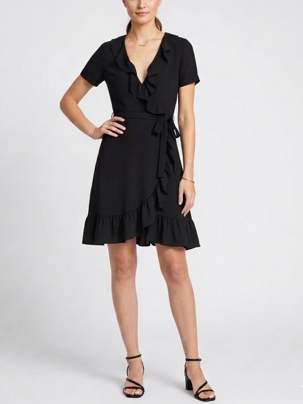 TIANA B. Women’s Black Wrap Dress with Ruffles and Tie Size Medium